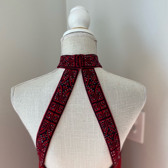 St John Evening by Marie Gray Red Black Halter Knit Dress - Picture 5 of 11